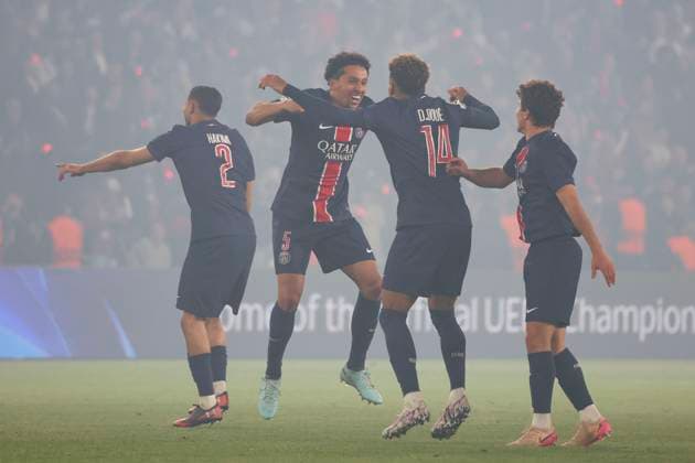 FOOTBALL : Paris Saint Germain Vs Arsenal - Ligue des Champions - 07 05 2025 Joie Paris Saint Germain - Marquinhos (PSG) - Achraf Hakimi (PSG) - Desire Doue (PSG) - Joao Neves (PSG) ParisFrance  Copyright: xMichtofx