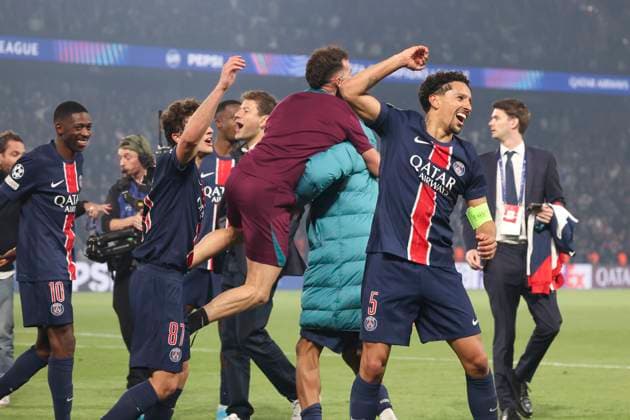 Sport Bilder des Tages FOOTBALL : Paris Saint Germain Vs Arsenal - Ligue des Champions - 07 05 2025 Joie Paris Saint Germain - Marquinhos (PSG) - Joao Neves (PSG) - Ousmane Dembele (PSG) ParisFrance  Copyright: xMichtofx