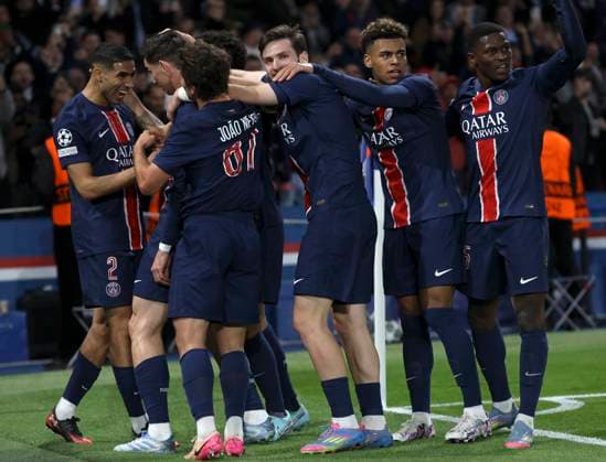 Paris Saint-Germain v Arsenal FC - UEFA Champions League 2024 25 Semi Final Second Leg Achraf Hakimi, Fabian Ruiz, Joao Neves, Khvicha Kvaratskhelia, Desire Doue and Nuno Mendes of Paris Saint-Germain celebrate 1st goal during the UEFA Champions League 2024 25 Semi Final Second Leg match between Paris Saint-Germain and Arsenal FC at Parc des Princes on May 7, 2025 in Paris, France. Paris Parc des Princes France France Copyright: xNealxSimpson Sportsphoto APLx 14126548