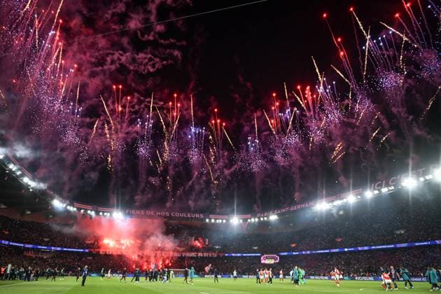 Champions League PSG vs Arsenal FC - celebrations - FA Fireworks set at the end of the UEFA Champions League football match between Paris Saint-Germain and Arsenal FC at the Parc des Princes Stadium in Paris on May 7, 2025. Photo by Firas Abdullah ABACAPRESS.COM Paris Ile-de-France France  Copyright: xAbdullahxFiras ABACAx