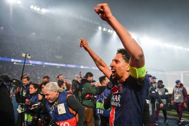 Champions League PSG vs Arsenal FC - celebrations - FA Paris Saint-Germain’s defender Marquinhos celebrates at the end of the UEFA Champions League football match between Paris Saint-Germain and Arsenal FC at the Parc des Princes Stadium in Paris on May 7, 2025. Photo by Firas Abdullah ABACAPRESS.COM Paris Ile-de-France France  Copyright: xAbdullahxFiras ABACAx