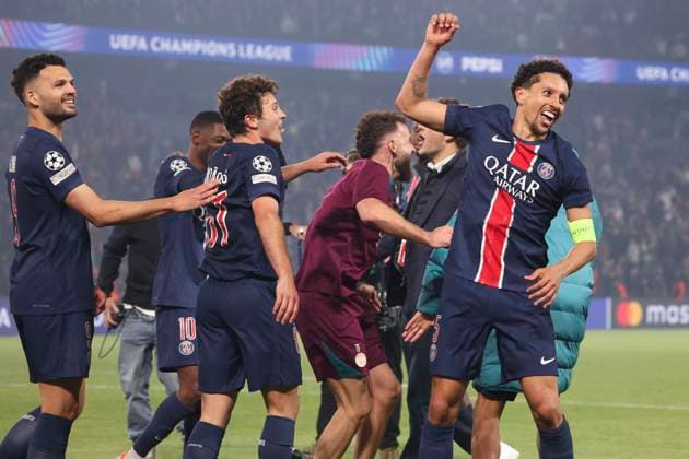 FOOTBALL : Paris Saint Germain Vs Arsenal - Ligue des Champions - 07 05 2025 Joie Paris Saint Germain - Marquinhos (PSG) - Joao Neves (PSG) - Goncalo Ramos (PSG) - Ousmane Dembele (PSG) ParisFrance  Copyright: xMichtofx