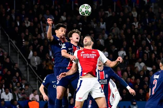 FOOTBALL : PSG vs Arsenal - Ligue des Champions - 07 05 2025 Marquinhos ( 5 - PSG ) , Joao Pedro Goncalves Neves ( 87 - PSG ) and Mikel Merino ( 23 - Arsenal FC ) during the UEFA Champions League match between Paris Saint Germain and Arsenal FC at Parc Des Princes on May 07 , 2025 in Paris, France. ( Photo by Dante Badano PsnewZ ) - ParisFrance  Copyright: xx