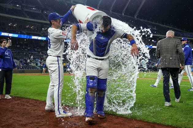 May 7, 2025: Kansas City Royals catcher Luke Maile (15) is doused by right fielder Cavan Biggio (18) and center fielder Kyle Isbel (28) after the Royals defeated the Chicago White Sox 2-1 at Kauffman Stadium in Kansas City, MO. CSM Kansas City United States of America - ZUMAc04_ 20250507_zma_c04_016 Copyright: xDavidxSmithx