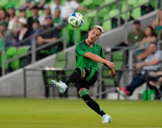 May 7, 2025, Austin, Texas, USA: Austin FC defender ZAN KOLMANIC (23) passes the ball during a US Open Cup match between Austin FC and El Paso Locomotive on May 7, 2025, in Austin, Texas. Austin USA - ZUMAc201 20250507_zap_c201_054 Copyright: xScottxColemanx