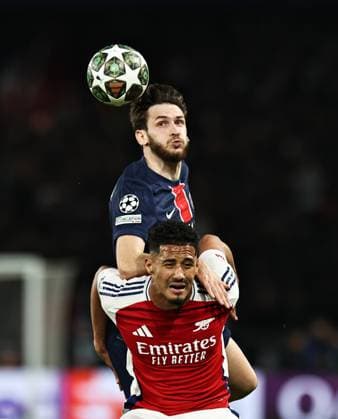(250508) -- PARIS, May 8, 2025 -- Paris Saint-Germain s Khvicha Kvaratskhelia (top) heads the ball with Arsenal s William Saliba during the UEFA Champions League semifinal second leg match between Paris Saint-Germain and Arsenal at the Parc des Princes stadium in Paris, France, May 7, 2025. ) (SP)FRANCE-PARIS-FOOTBALL-UEFA CHAMPIONS LEAGUE-PSG VS ARSENAL GaoxJing 