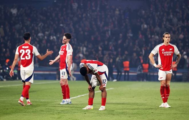 (250508) -- PARIS, May 8, 2025 -- Arsenal s Mikel Merino, Declan Rice, Jurrien Timber and Riccardo Calafiori (From L to R) look dejected after the UEFA Champions League semifinal second leg match between Paris Saint-Germain and Arsenal at the Parc des Princes stadium in Paris, France, May 7, 2025. ) (SP)FRANCE-PARIS-FOOTBALL-UEFA CHAMPIONS LEAGUE-PSG VS ARSENAL GaoxJing 