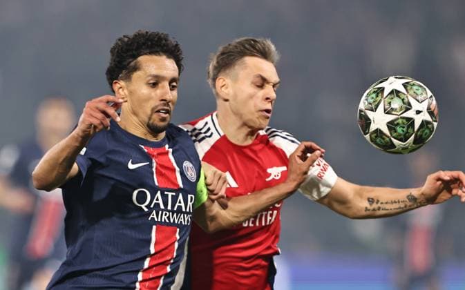 (250508) -- PARIS, May 8, 2025 -- Paris Saint-Germain s Marquinhos (L) vies with Arsenal s Leandro Trossard during the UEFA Champions League semifinal second leg match between Paris Saint-Germain and Arsenal at the Parc des Princes stadium in Paris, France, May 7, 2025. ) (SP)FRANCE-PARIS-FOOTBALL-UEFA CHAMPIONS LEAGUE-PSG VS ARSENAL GaoxJing 