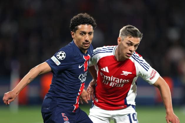 PSG v Arsenal UEFA Champions League 07 May 2025 Paris - UEFA Champions League - Paris Saint-Germain v Arsenal FC - Marquinhos of PSG and Leandro Trossard of Arsenal - (Photo: Mark Leech Paris UK *** PSG gegen Arsenal UEFA Champions League 07 Mai 2025 Paris UEFA Champions League Paris Saint Germain gegen Arsenal FC Marquinhos von PSG und Leandro Trossard von Arsenal Foto Mark Leech Paris UK  Copyright: xMarkxLeechxOffside