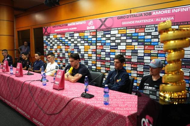 Pidcock Thomas of Q36.5 Pro Cycling Team, Ciccone Giulio of Lidl-Trek, Ayuso Pesquera Juan of Uae Team Emirates Xrg, Rogli? Primož of Red Bull - Bora - Hansgrohe, Carapaz Richard of Ef Education - Easypost, Bernal Gomez Egan Arley of Ineos Grenadiers, Van Aert Wout of Team Visma Lease A Bike during the top riders press conference, PK, Pressekonferenz ahead of the Giro d’Italia cycling race in Tirana. The race starts on Friday, May 9, with the first stage over 160 km, from Durazzo (Durres) to Tirana (Tirane), Albania - Thursday, May 8, 2025. - cycling. Copyright: xMassimoxPaolone LaPressex