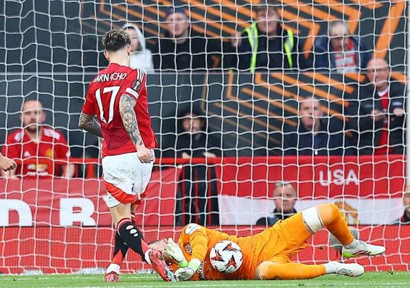 Athletic Bilbao goalkeeper Julen Agirrezabala makes a save from Alejandro Garnacho of Manchester United, ManU Manchester United v Athletic Bilbao, UEFA Europa League, Semi Final, Second Leg, Football, Old Trafford, Manchester, UK - 08 May 2025 EDITORIAL USE ONLY No use with unauthorised audio, video, data, fixture lists, club league logos or live services. Online in-match use limited to 120 images, no video emulation. No use in betting, games or single club league player publications.  Copyright: xMattxWest Shutterstockx 15288260s