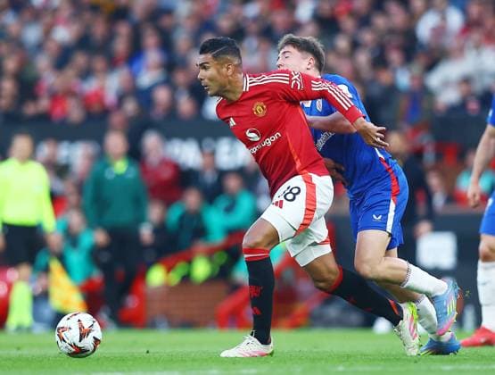 Casemiro of Manchester United, ManU and Mikel Jauregizar of Athletic Bilbao Manchester United v Athletic Bilbao, UEFA Europa League, Semi Final, Second Leg, Football, Old Trafford, Manchester, UK - 08 May 2025 EDITORIAL USE ONLY No use with unauthorised audio, video, data, fixture lists, club league logos or live services. Online in-match use limited to 120 images, no video emulation. No use in betting, games or single club league player publications.  Copyright: xMattxWest Shutterstockx 15288260t