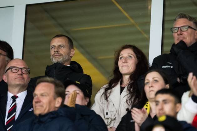 250508 UEFA President Aleksander Ceferin and President of the Norwegian Football Association Lise Klaveness in the stands ahead of the UEFA Europa League semi final football match between Bodo Glimt and Tottenham on May 8, 2025 in Bodo Photo Vegard Grott BILDBYRAN kod VG VG0750 bbeng fotboll football soccer fotball uefa europa league europa league bodo glimt bodo glimt tottenham hotspur spurs  Copyright: VEGARDxGRoTT BB250508VG023