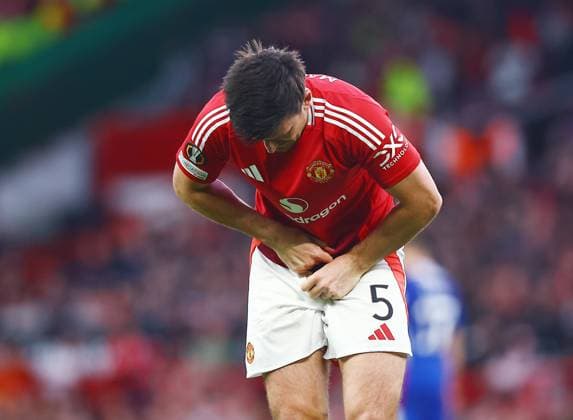 Harry Maguire of Manchester United, ManU feels the pain from a knock Manchester United v Athletic Bilbao, UEFA Europa League, Semi Final, Second Leg, Football, Old Trafford, Manchester, UK - 08 May 2025 EDITORIAL USE ONLY No use with unauthorised audio, video, data, fixture lists, club league logos or live services. Online in-match use limited to 120 images, no video emulation. No use in betting, games or single club league player publications.  Copyright: xMattxWest Shutterstockx 15288260z