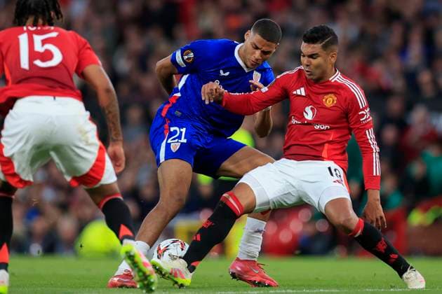 Manchester United, ManU v Athletic Bilbao Europa League 08 05 2025. Semi Final Casemiro (18) of Manchester United and Maroan Sannadi (21) of Athletic Bilbao challenge for the ball during the Europa League semi-final match between Manchester United and Athletic Bilbao at Old Trafford, Manchester, England on 8 May 2025. Manchester Old Trafford Greater Manchester England Editorial use only , Copyright: xConorxMolloyx PSI-22048-0056
