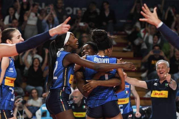 Italian national volleyball team celebrates scoring team s during BPER Test match, Italy-Germany volleyball national team, Nationalteam at PalaIgor Gorgonzola in Novara  Copyright: xAndreaxAmato IPAxSportx xipa-agency.netx xx IPA_57421401 IPA_Agency_IPA57421401