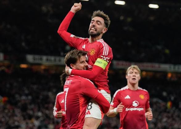 Manchester, England, 8th May 2025. Mason Mount of Manchester United, ManU celebrates scoring his sides first goal during the Manchester United vs Athletic Bilbao UEFA Europa League Semi Final, 2nd Leg match at Old Trafford, Manchester. Picture credit should read: Andrew Yates Sportimage EDITORIAL USE ONLY. No use with unauthorised audio, video, data, fixture lists, club league logos or live services. Online in-match use limited to 120 images, no video emulation. No use in betting, games or single club league player publications. SPI_060_AY_MANCHESTER_UNITED_V_ATHLETIC_BILBAO SPI-3917-0060