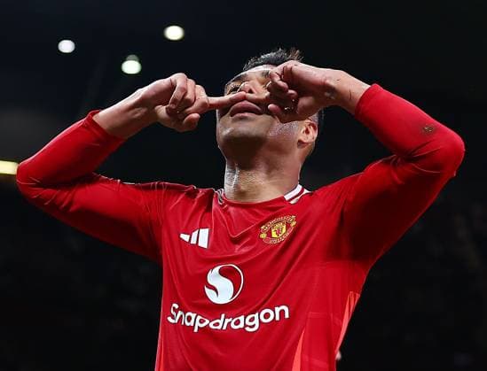 Casemiro of Manchester United, ManU celebrates scoring a goal to make it 2-1 Manchester United v Athletic Bilbao, UEFA Europa League, Semi Final, Second Leg, Football, Old Trafford, Manchester, UK - 08 May 2025 EDITORIAL USE ONLY No use with unauthorised audio, video, data, fixture lists, club league logos or live services. Online in-match use limited to 120 images, no video emulation. No use in betting, games or single club league player publications. Copyright: xMattxWest Shutterstockx 15288260bh