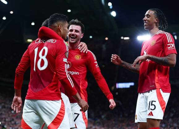 Casemiro of Manchester United, ManU celebrates scoring a goal to make it 2-1 with their team-mates Manchester United v Athletic Bilbao, UEFA Europa League, Semi Final, Second Leg, Football, Old Trafford, Manchester, UK - 08 May 2025 EDITORIAL USE ONLY No use with unauthorised audio, video, data, fixture lists, club league logos or live services. Online in-match use limited to 120 images, no video emulation. No use in betting, games or single club league player publications. Copyright: xMattxWest Shutterstockx 15288260bi