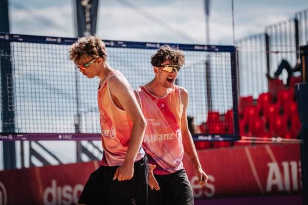 Beach volleyball men Allianz German Beach Tour 2025 Tourstop Düsseldorf 08 05 2025 f l Tamo Wüst and Tristan Fröbel Düsseldorf Robert Lehr Ufer North Rhine-Westphalia Germany