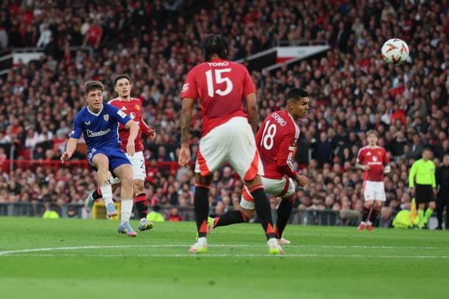 Football - 2024 2025 UEFA Europa League - Semi-Finals - Second Leg - Manchester United, ManU vs Athletic Club, Bilbao - Old Trafford - Thursday 8th May 2025 Mikel Jauregizar of Athletic Bilbao scores Ito make it 0-1 