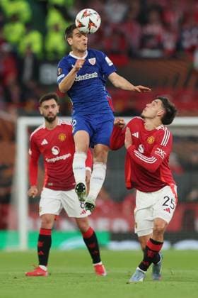 Football - 2024 2025 UEFA Europa League - Semi-Finals - Second Leg - Manchester United, ManU vs Athletic Club, Bilbao - Old Trafford - Thursday 8th May 2025 Inigo Ruiz de Galarreta of Athletic Bilbao and Manuel Ugarte of Manchester United 