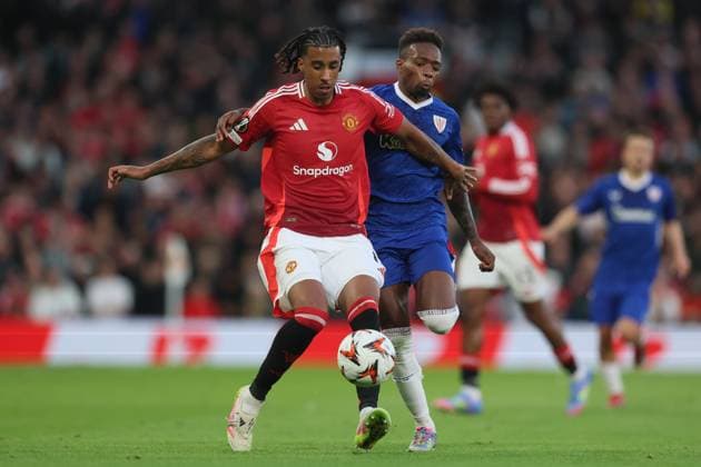 Football - 2024 2025 UEFA Europa League - Semi-Finals - Second Leg - Manchester United, ManU vs Athletic Club, Bilbao - Old Trafford - Thursday 8th May 2025 Leny Yoro of Manchester United and Ãlvaro Djalo of Athletic Bilbao 