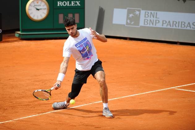 Foto IPP Cavaliere Emiliano. Roma 09 05 2025. Tennis Internazionali d Italia 2025. Nella foto: Carlo Alcaraz in allenamento al centrale. Italy Photo Press - World Copyright italy ITALY  Copyright: xR4924_italyphotopressx