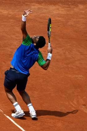 Arthur Fils of France serves during the match against Tallon Griekspoor of The Netherlands at the Internazionali BNL d Italia 2025 tennis tournament at Foro Italico in Rome, Italy on May 9, 2025. Arthur Fils won 6-2, 6-2. AntoniettaxBaldassarre