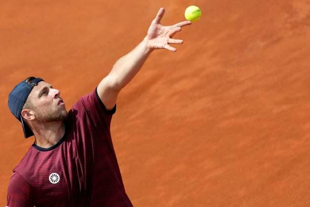 Tallon Griekspoor of The Netherlands serves during the match against Arthur Fils of France at the Internazionali BNL d Italia 2025 tennis tournament at Foro Italico in Rome, Italy on May 9, 2025. Arthur Fils won 6-2, 6-2. AntoniettaxBaldassarre