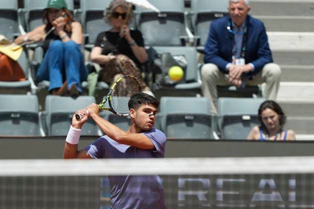 Carlos Alcaraz of Spain during the match against Dusan Lajovic of Serbia at the Internazionali BNL d Italia 2025 tennis tournament at Foro Italico in Rome, Italy on May 9, 2025. AntoniettaxBaldassarre