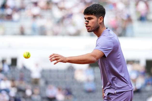 Carlos Alcaraz of Spain during the match against Dusan Lajovic of Serbia at the Internazionali BNL d Italia 2025 tennis tournament at Foro Italico in Rome, Italy on May 9, 2025. AntoniettaxBaldassarre