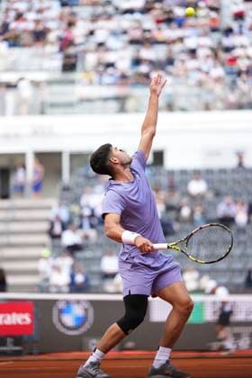 Carlos Alcaraz of Spain serves during the match against Dusan Lajovic of Serbia at the Internazionali BNL d Italia 2025 tennis tournament at Foro Italico in Rome, Italy on May 9, 2025. AntoniettaxBaldassarre