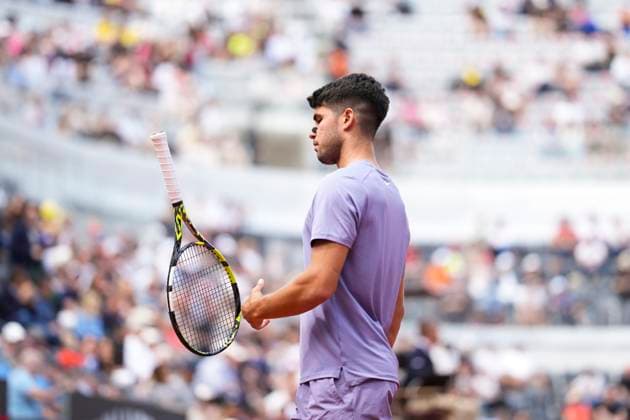 Carlos Alcaraz of Spain during the match against Dusan Lajovic of Serbia at the Internazionali BNL d Italia 2025 tennis tournament at Foro Italico in Rome, Italy on May 9, 2025. AntoniettaxBaldassarre