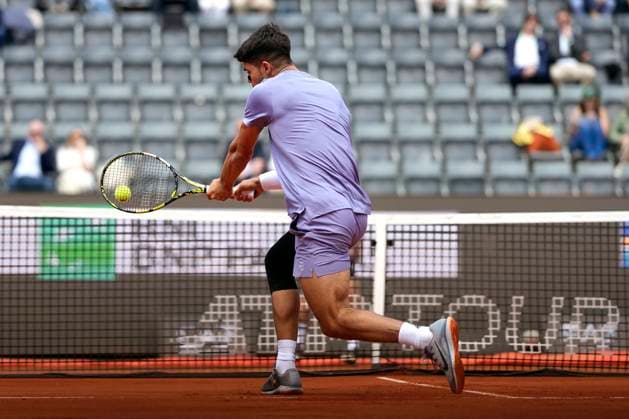 Carlos Alcaraz of Spain during the match against Dusan Lajovic of Serbia at the Internazionali BNL d Italia 2025 tennis tournament at Foro Italico in Rome, Italy on May 9, 2025. AntoniettaxBaldassarre