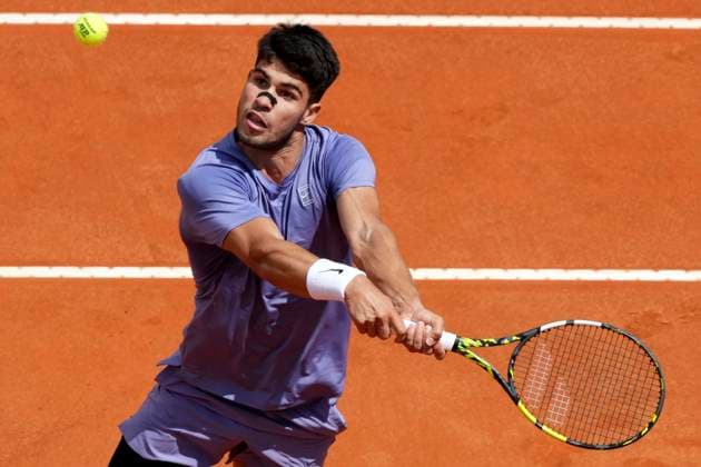 Carlos Alcaraz of Spain during the match against Dusan Lajovic of Serbia at the Internazionali BNL d Italia 2025 tennis tournament at Foro Italico in Rome, Italy on May 9, 2025. Carlos Alcaraz won 6-3, 6-3. AntoniettaxBaldassarre