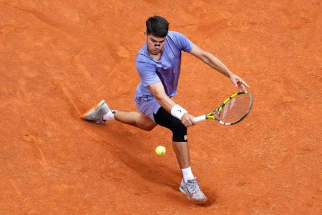 Carlos Alcaraz of Spain during the match against Dusan Lajovic of Serbia at the Internazionali BNL d Italia 2025 tennis tournament at Foro Italico in Rome, Italy on May 9, 2025. Carlos Alcaraz won 6-3, 6-3. AntoniettaxBaldassarre