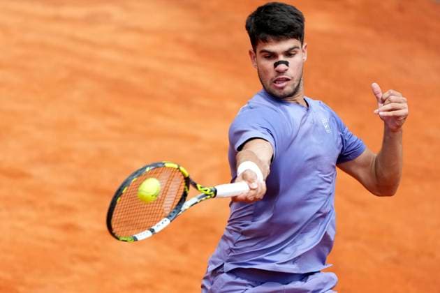 Carlos Alcaraz of Spain during the match against Dusan Lajovic of Serbia at the Internazionali BNL d Italia 2025 tennis tournament at Foro Italico in Rome, Italy on May 9, 2025. Carlos Alcaraz won 6-3, 6-3. AntoniettaxBaldassarre