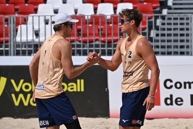 May 9, 2025, Madrid, Madrid, Spain: 1 ANTON RINGoËœEN (NOR) 2 NICOLAI OLE AAS (NOR) competes during the World Beach ProTour Futures volleyball match between SPAIN and NORWAY at Parque Deportivo Puerta de Hierro on May 09, 2025 in Madrid, Spain. Madrid Spain - ZUMAc312 20250509_zsp_c312_007 Copyright: xOscarxManuelxSanchezx