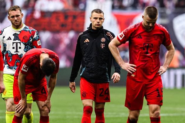 from l Goalkeeper Daniel Peretz FC Bayern Munich,18 , Josip Stanisic FC Bayern Munich,44 , Gabriel Vidovic FC Bayern Munich,24 , Eric Dier FC Bayern Munich,15 1 Soccer Bundesliga Season 2024 2025 Point Match RB Leipzig vs FC Bayern Munich at the Red Bull Arena in Leipzig Action,Soccer,Germany,Man,Men,03 05 2025