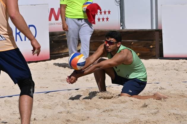 May 9, 2025, Madrid, Madrid, Spain: 1 ALVARO VIERA (ESP) competes during the World Beach ProTour Futures volleyball match between SPAIN and NORWAY at Parque Deportivo Puerta de Hierro on May 09, 2025 in Madrid, Spain. Madrid Spain - ZUMAc312 20250509_zsp_c312_077 Copyright: xOscarxManuelxSanchezx