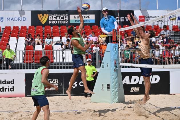 May 9, 2025, Madrid, Madrid, Spain: 1 ALVARO VIERA (ESP) competes during the World Beach ProTour Futures volleyball match between SPAIN and NORWAY at Parque Deportivo Puerta de Hierro on May 09, 2025 in Madrid, Spain. Madrid Spain - ZUMAc312 20250509_zsp_c312_064 Copyright: xOscarxManuelxSanchezx