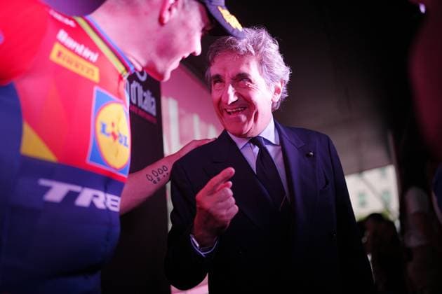 Urbano Cairo and Pedersen Mads of Lidl-Trek winner of the stage during the stage 1 of the Giro d™Italia from Durazzo (Durres) to Tirana (Tirane), Albania- Friday, May 9, 2025. - cycling.  Copyright: xMarcoxAlpozzi LaPressex