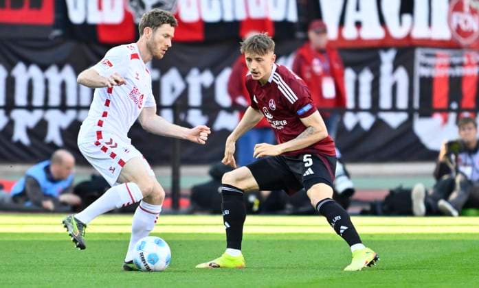 09 05 2025 Soccer Season 2024 2025 2 Soccer Bundesliga 33 Matchday 1 FC Nürnberg FCN Club 1 FC Köln Sportfoto Zink xwoxzix DFL regulations prohibit any use of photographs as image sequences and or quasi video only for editorial use Florian Kainz 11, FC Köln Tim Drexler 5, 1 FC Nürnberg FCN