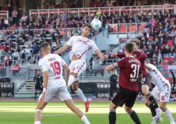 09 05 2025 Soccer season 2024 2025 2 Soccer Bundesliga 33 Matchday 1 FC Nürnberg FCN Club 1 FC Köln Sportfoto Zink DaMa xdaxmax DFL regulations prohibit any use of photographs as image sequences and or quasi video only for editorial use Luca Waldschmidt 9, FC Köln with header