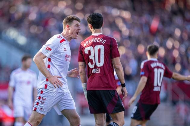 09 05 2025, Soccer, 2 Bundesliga, 33 Matchday Season 2024 2025, 1 FC Nürnberg 1 FC Köln, Dominique Heintz 1 FC Köln l shouts at Mahir Emreli 1 FC Nürnberg xRHR PHOTO TKx Copyright: RHR-FOTOx RHR-FOTO TK