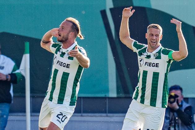 09 05 2025, Preussen Münster vs Hertha BSC, 2 Bundesliga, 33 Matchday Goal for 1 0 by Jorrit Hendrix Preussen Muenster, 20 here with Marc Lorenz Preussen Muenster, 18 Important note According to the regulations of the DFL German Football League and the DFB German Football Association, it is prohibited to use photographs taken in the stadium and or of the game in the form of sequential images and or video-like photo series Copyright: xBahhoxKarax