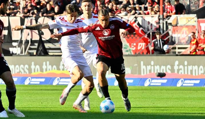 09 05 2025 Soccer Season 2024 2025 2 Soccer Bundesliga 33 Matchday 1 FC Nürnberg FCN Club 1 FC Köln Sportfoto Zink xwoxzix DFL regulations prohibit any use of photographs as image sequences and or quasi video only for editorial use Denis Huseinbasic 8, FC Köln Rafael Lubach 18, 1 FC Nürnberg FCN