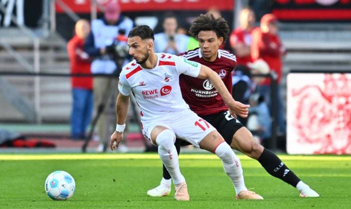 09 05 2025 Soccer Season 2024 2025 2 Soccer Bundesliga 33 Matchday 1 FC Nürnberg FCN Club 1 FC Köln Sportfoto Zink xwoxzix DFL regulations prohibit any use of photographs as image sequences and or quasi video only for editorial use Leart Paqarada 17, FC Köln Janis Antiste 28, 1 FC Nürnberg FCN