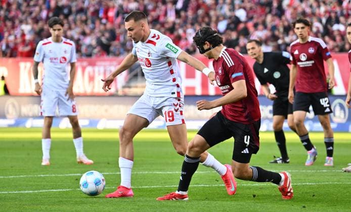 09 05 2025 Soccer Season 2024 2025 2 Soccer Bundesliga 33 Matchday 1 FC Nürnberg FCN Club 1 FC Köln Sportfoto Zink xwoxzix DFL regulations prohibit any use of photographs as image sequences and or quasi video only for editorial use Tim Lemperle 19, FC Köln Fabio Gruber 4, 1 FC Nürnberg FCN